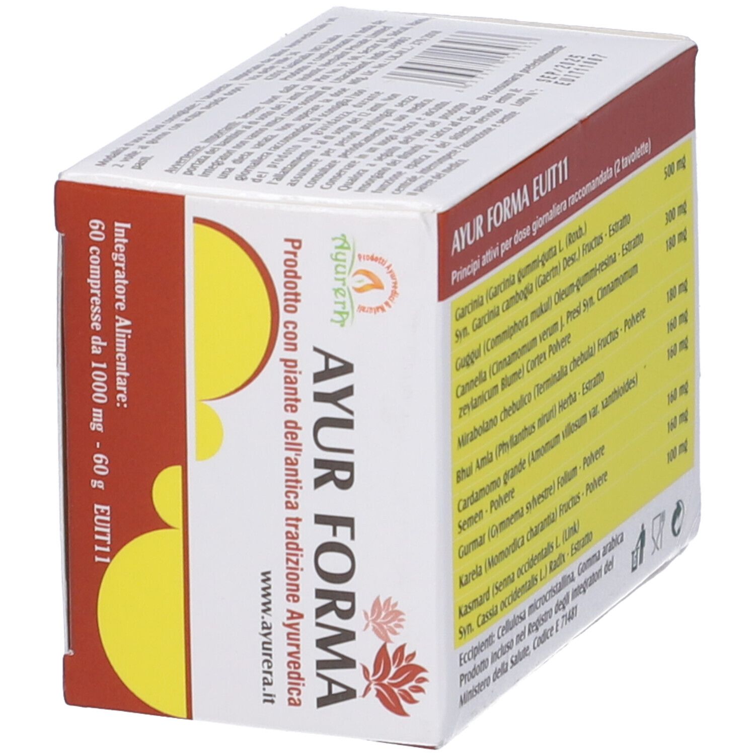 Confezione del prodotto con scritta AYUR FORMA. Contiene 60 compresse. Vista obliqua.