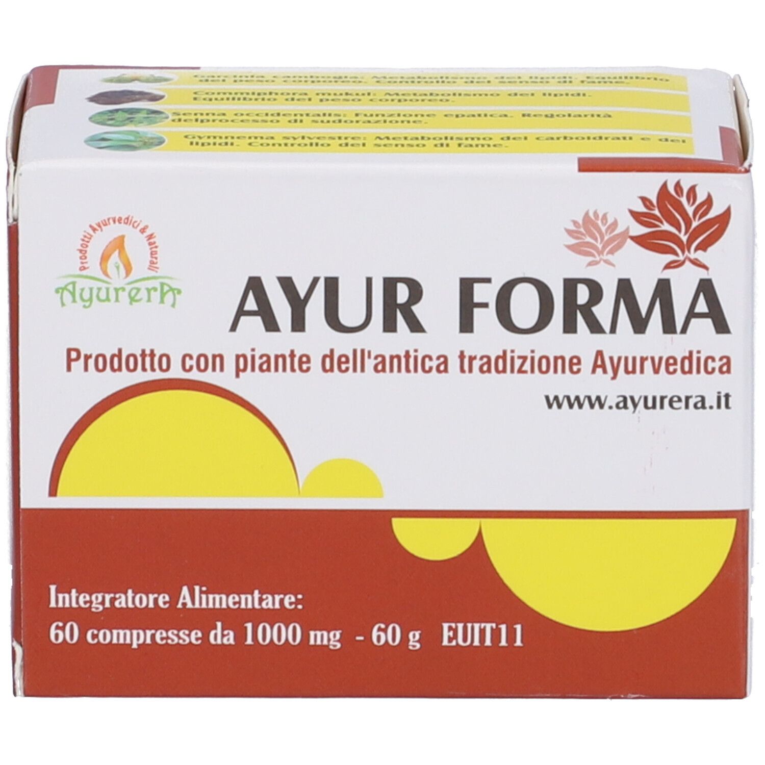 Confezione del prodotto con scritta AYUR FORMA. Contiene 60 compresse. Prodotto con piante ayurvediche.