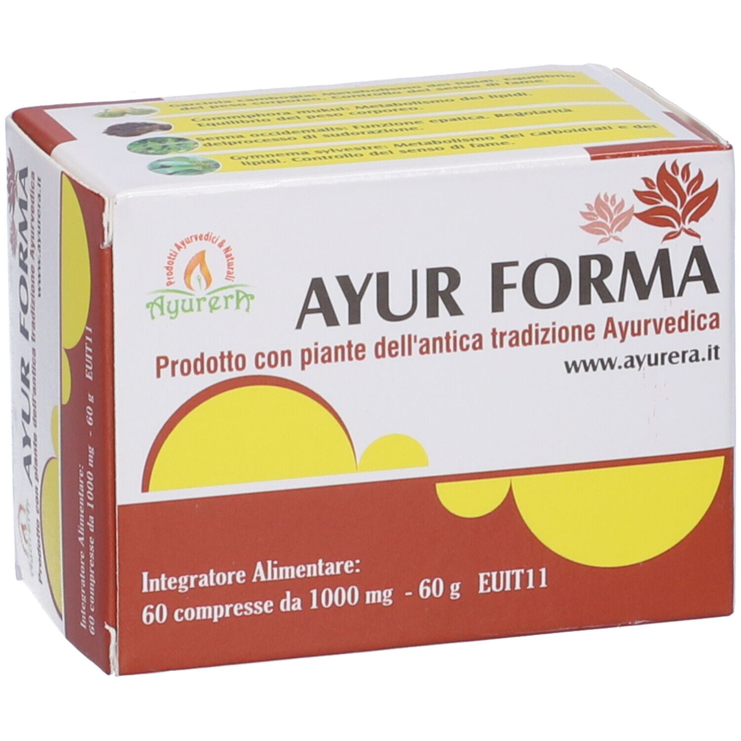 Confezione del prodotto con scritta AYUR FORMA. Contiene 60 compresse. Prodotto con piante ayurvediche.