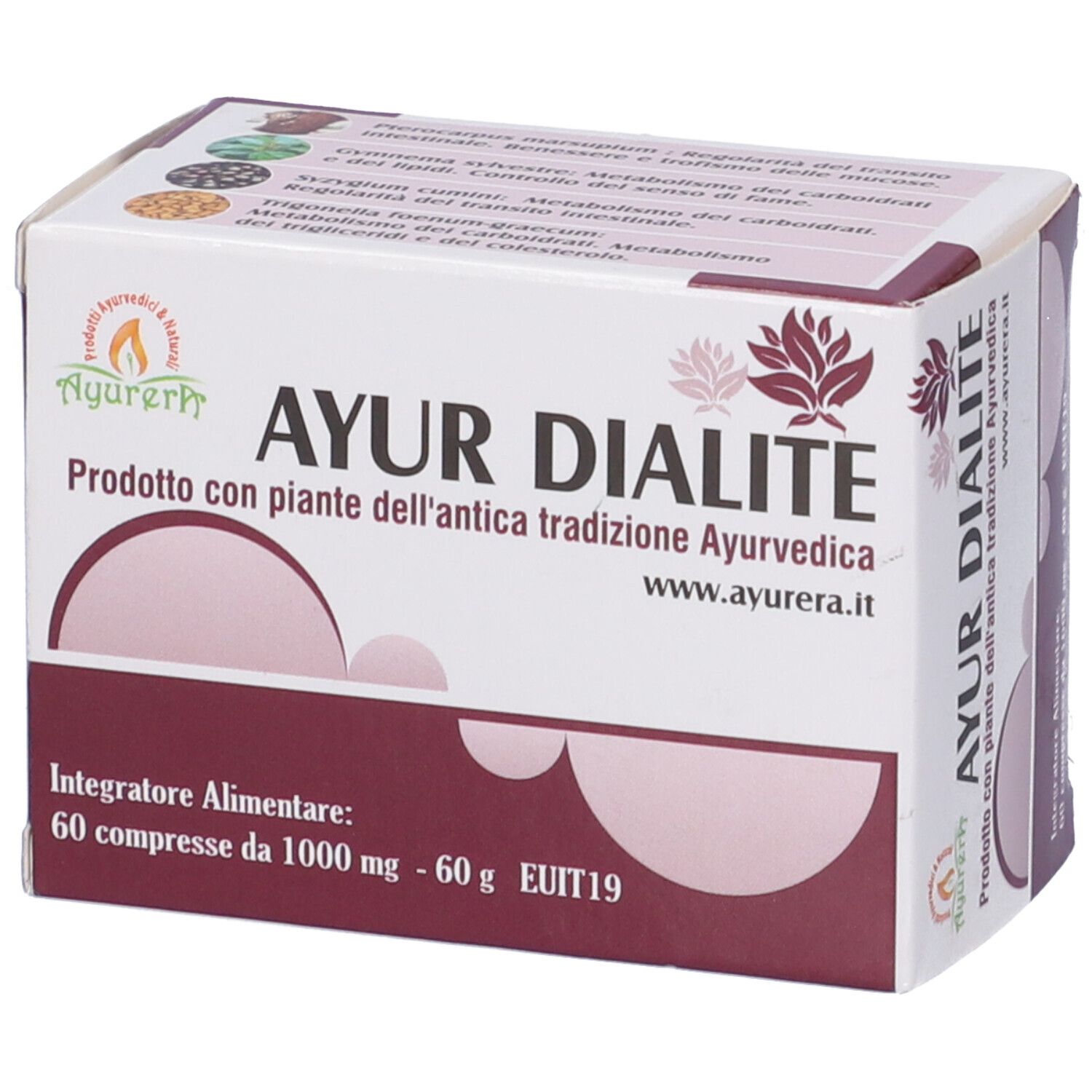 Confezione Ayur Dialite. Contiene 60 compresse. Prodotto ayurvedico. Lista ingredienti.