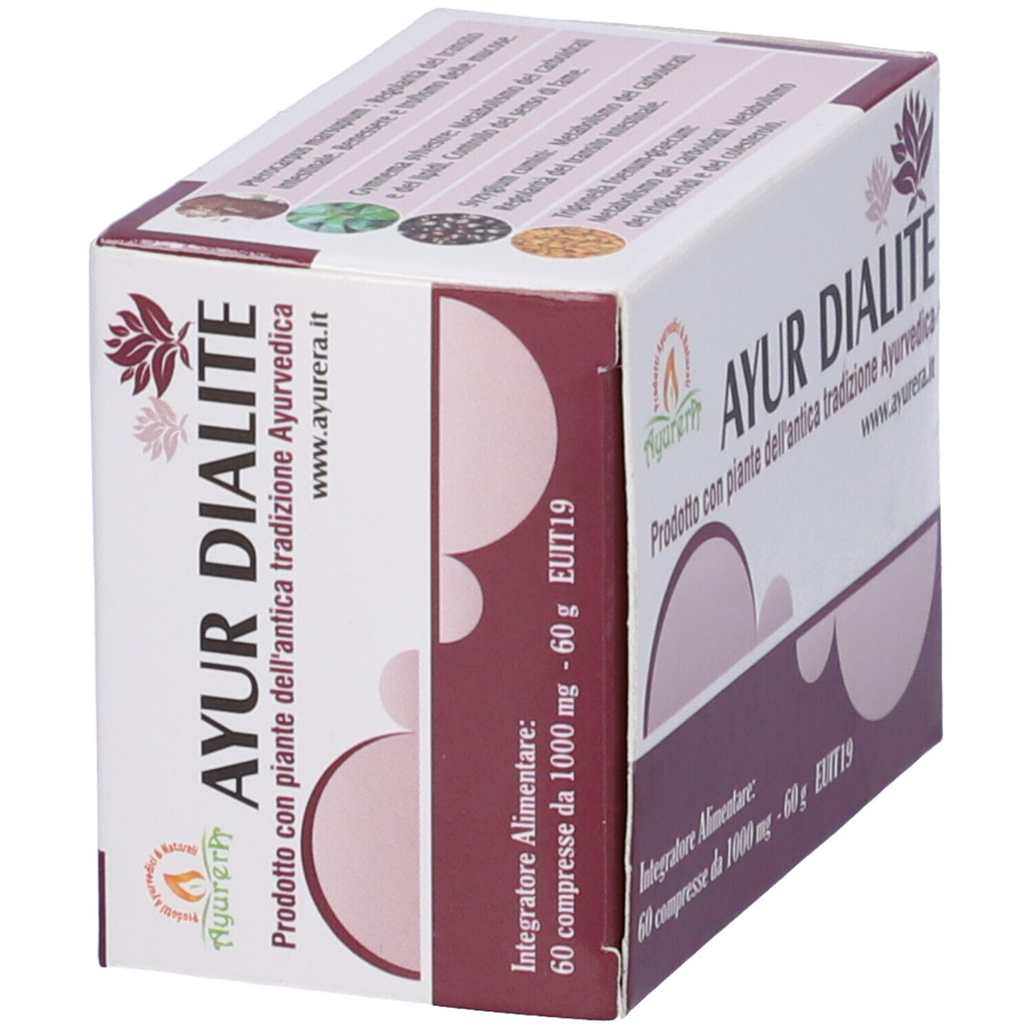 Confezione Ayur Dialite. Contiene 60 compresse. Prodotto ayurvedico. Lista ingredienti.