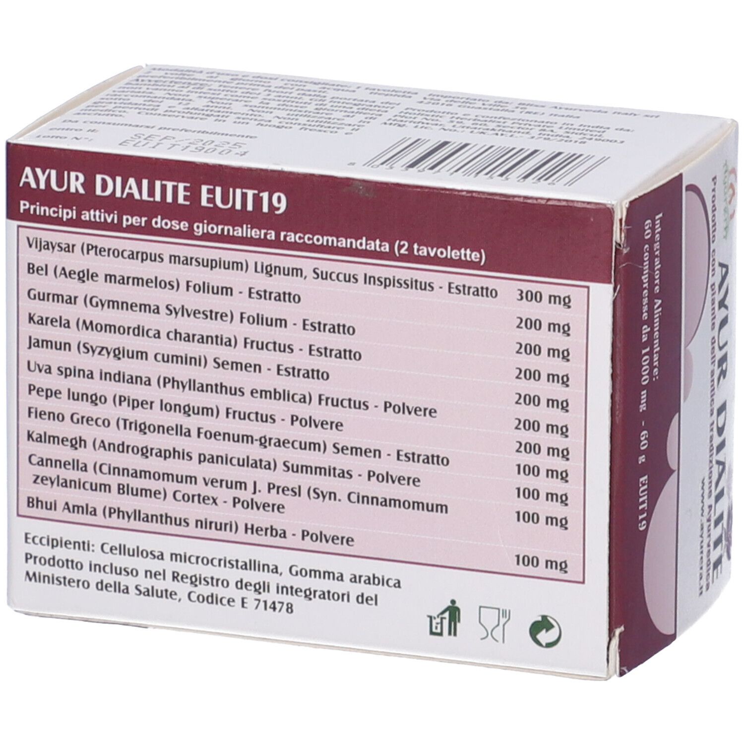 Confezione Ayur Dialite. Contiene 60 compresse. Prodotto ayurvedico. Lista ingredienti.