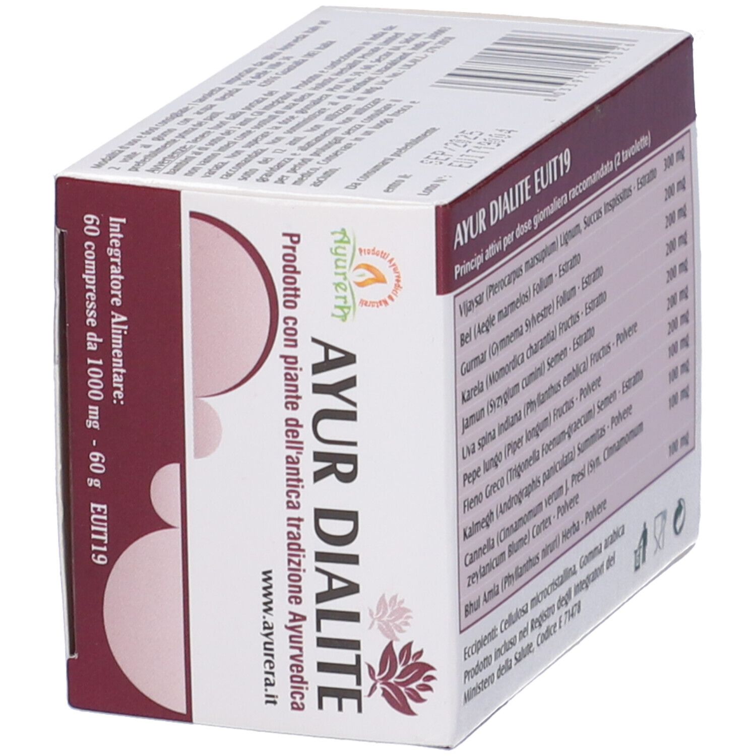 Confezione Ayur Dialite. Contiene 60 compresse. Prodotto ayurvedico. Lista ingredienti.