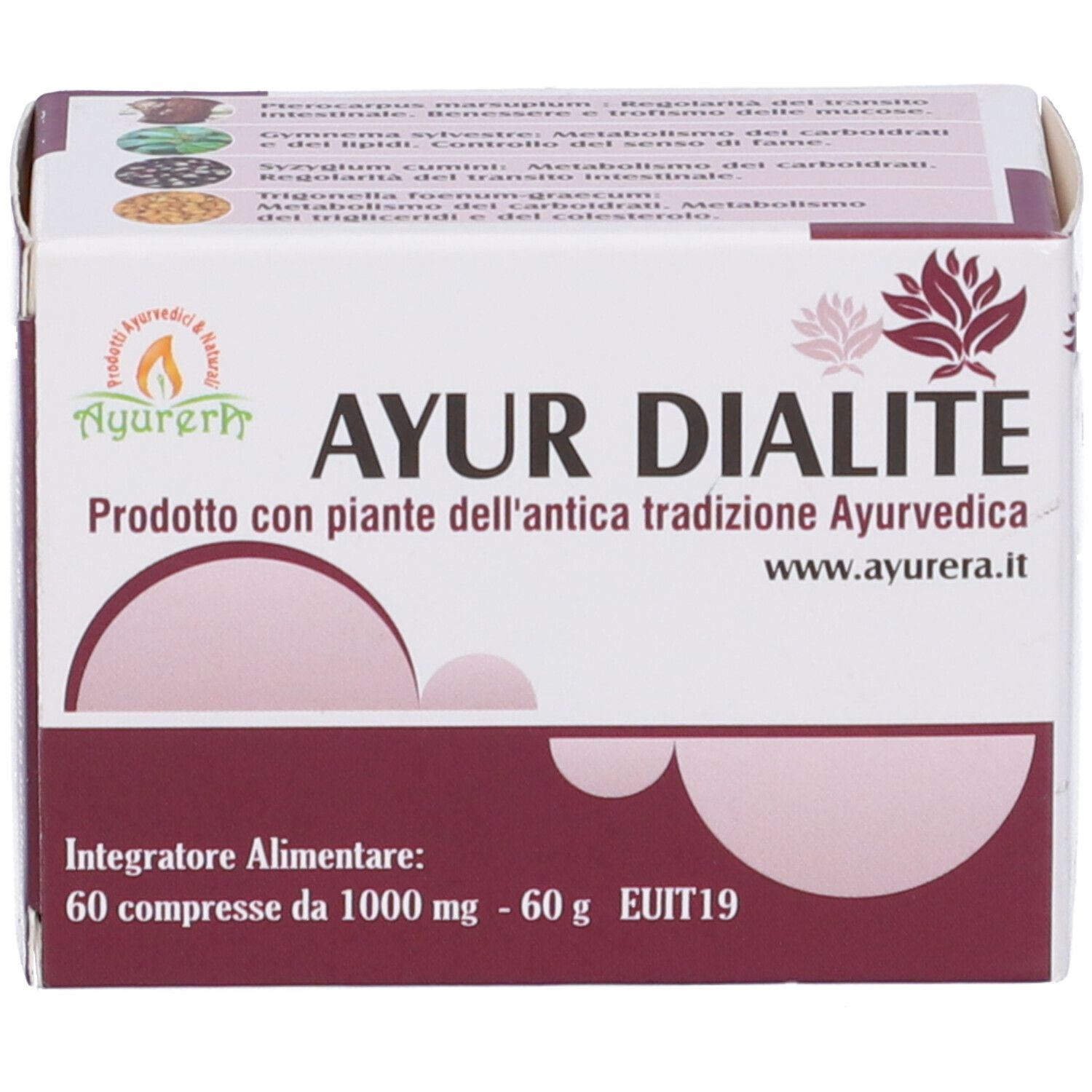 Confezione Ayur Dialite. Contiene 60 compresse. Prodotto ayurvedico. Lista ingredienti.