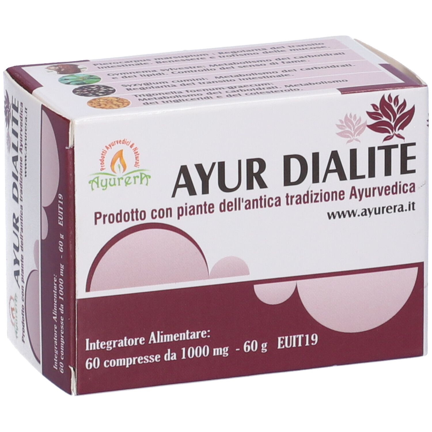 Confezione Ayur Dialite. Contiene 60 compresse. Prodotto ayurvedico. Lista ingredienti.