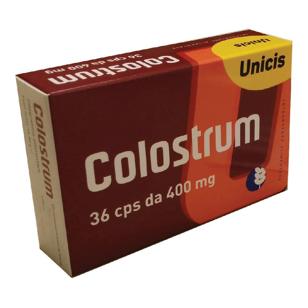 Scatola "Colostrum", 36 cps da 400 mg. Marchio Unicis. Colori rosso e giallo.