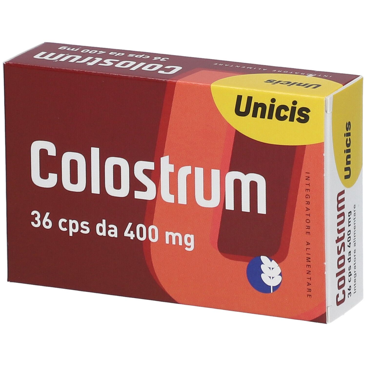 Scatola "Colostrum", 36 cps da 400 mg. Marchio Unicis. Colori rosso e giallo.