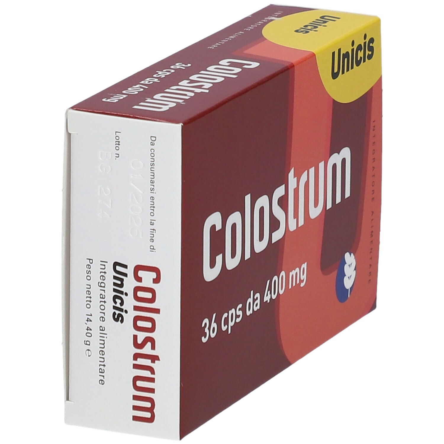 Scatola "Colostrum", 36 cps da 400 mg. Marchio Unicis. Colori rosso e giallo.