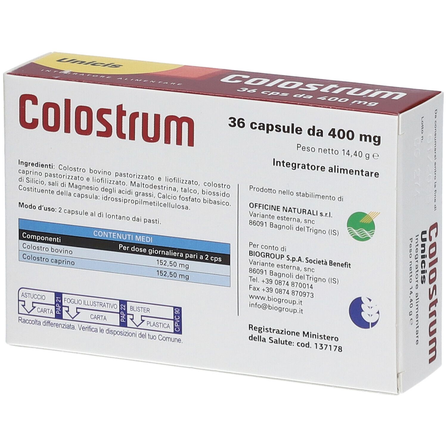 Scatola "Colostrum", 36 capsule da 400 mg. Marchio Unicis. Ingredienti e informazioni produttore.