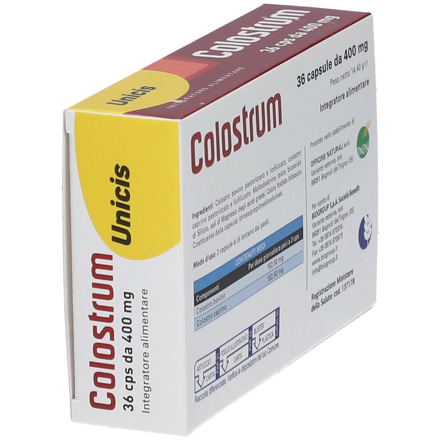 Scatola "Colostrum", 36 capsule da 400 mg. Marchio Unicis. Ingredienti e informazioni produttore.
