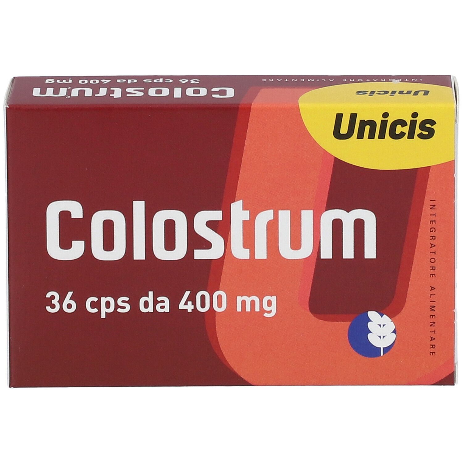 Scatola "Colostrum", 36 cps da 400 mg. Marchio Unicis. Colori rosso e giallo.