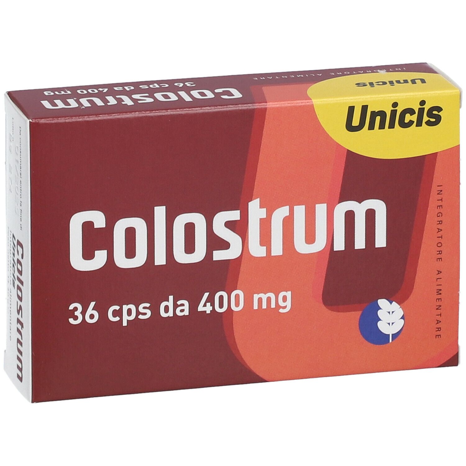 Scatola "Colostrum", 36 cps da 400 mg. Marchio Unicis. Colori rosso e giallo.
