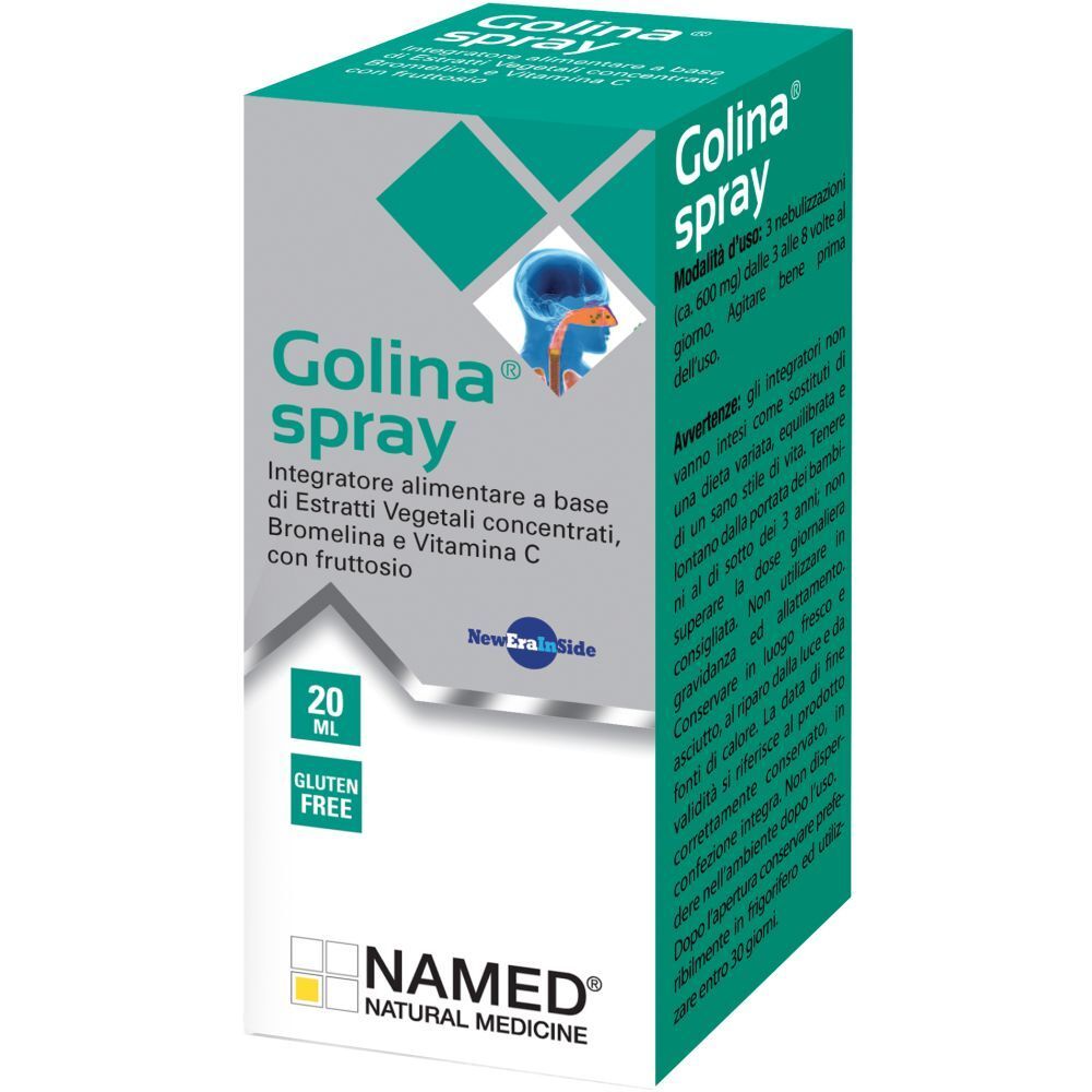 Scatola di Golina® Spray. Scritto: 20 ml, senza glutine. Marchio: NAMED. Confezione verde e bianca.