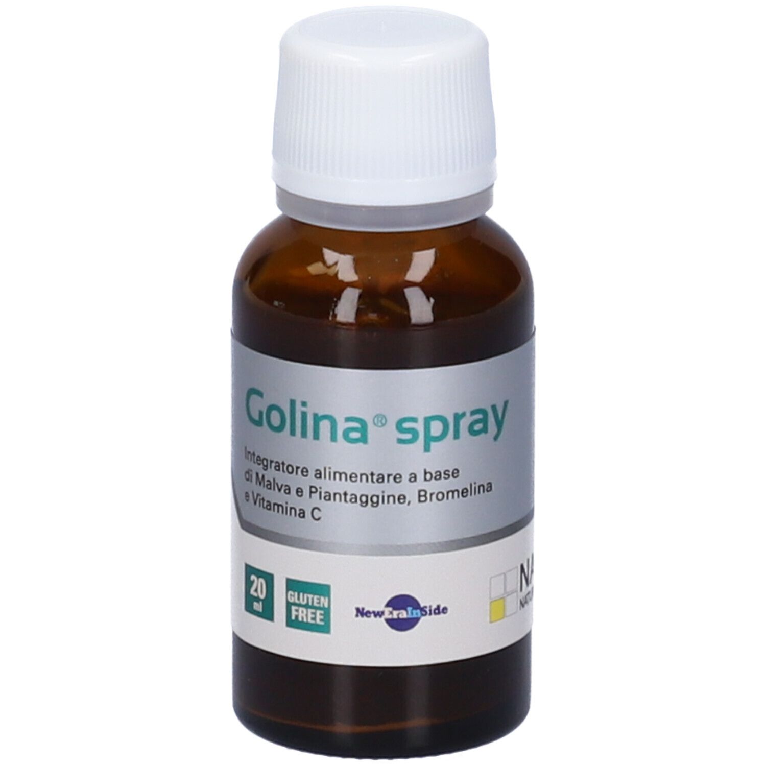 Flacone di vetro marrone con tappo bianco. Etichetta con Golina® Spray. Scritto: 20 ml, senza glutine. Marchio: NAMED.