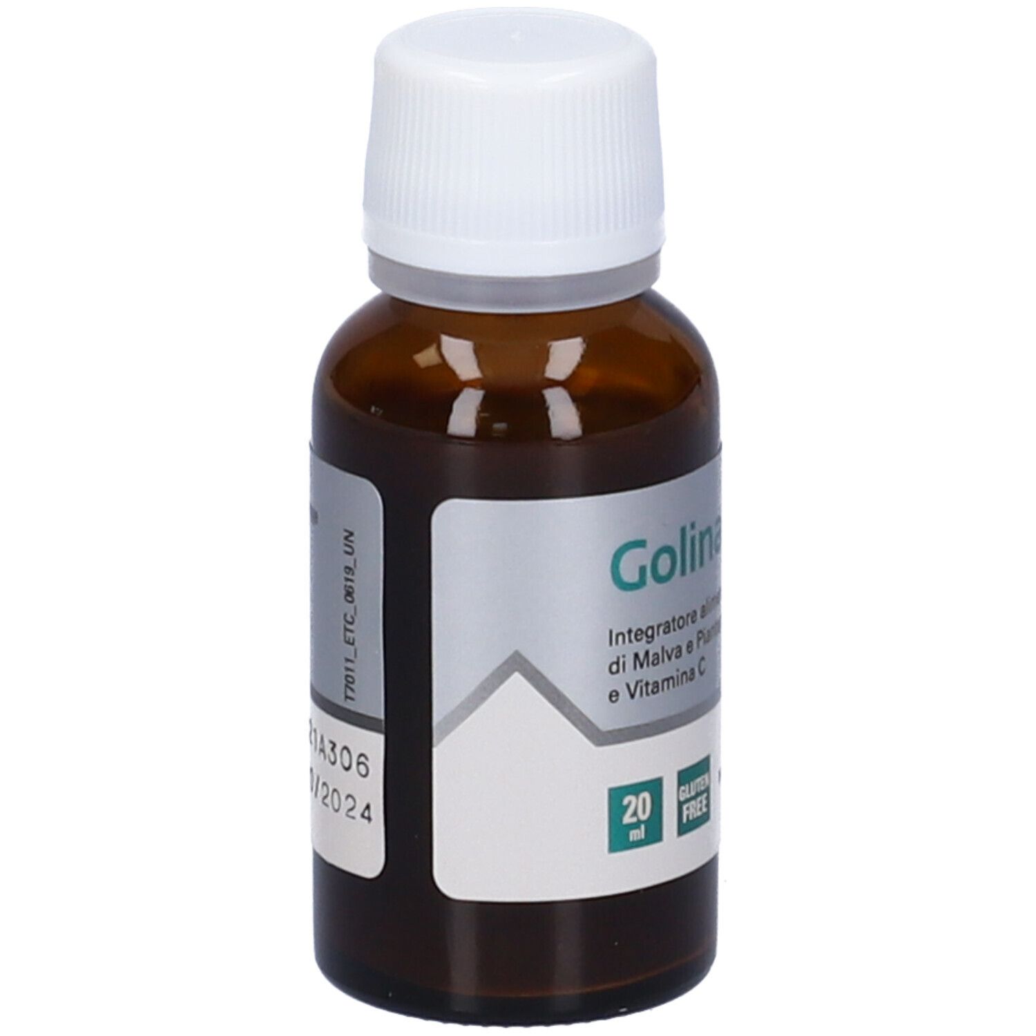 Flacone di vetro marrone con tappo bianco. Etichetta con Golina® Spray. Scritto: 20 ml, senza glutine. Marchio: NAMED.