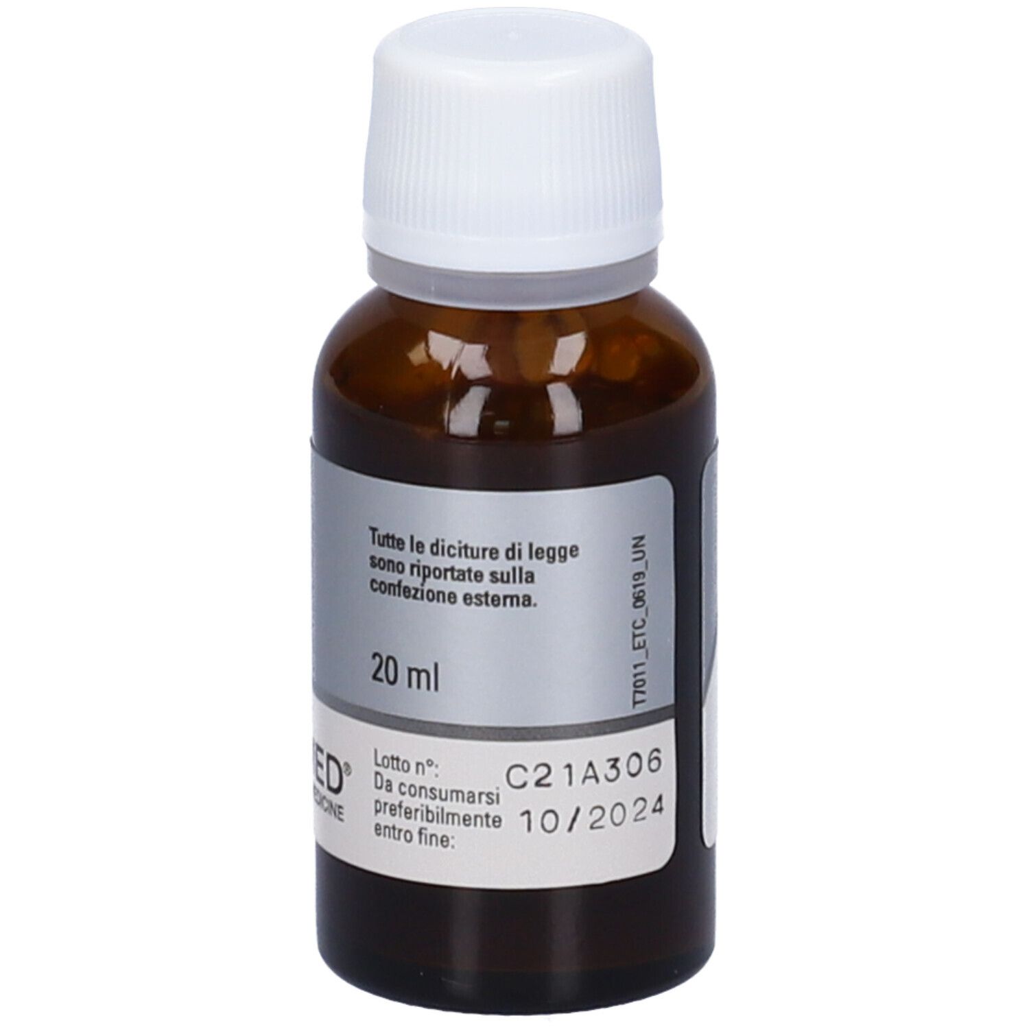 Flacone di vetro marrone con tappo bianco. Etichetta con Golina® Spray. Scritto: 20 ml. Numero di lotto e data di scadenza.