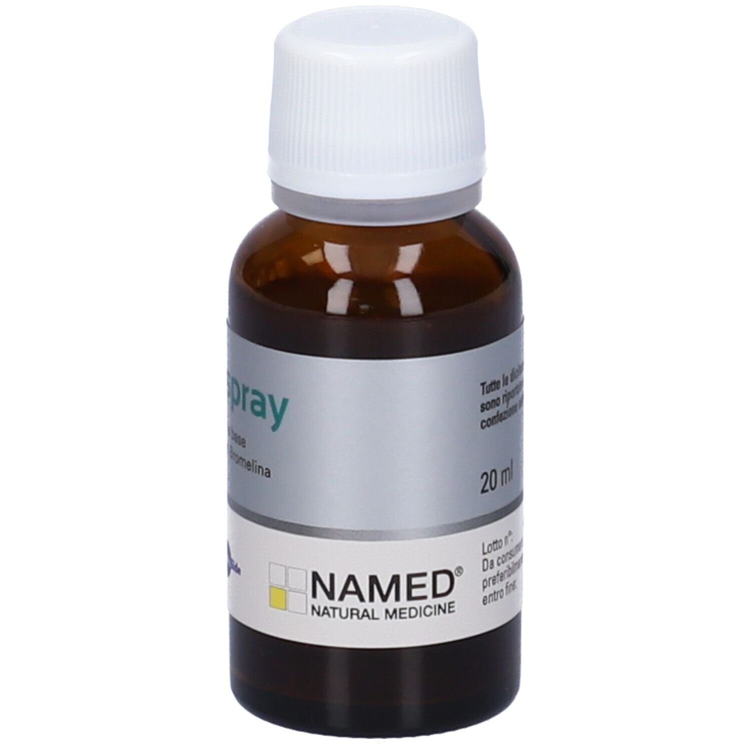 Flacone di vetro marrone con tappo bianco. Etichetta con Golina® Spray. Scritto: 20 ml. Marchio: NAMED.