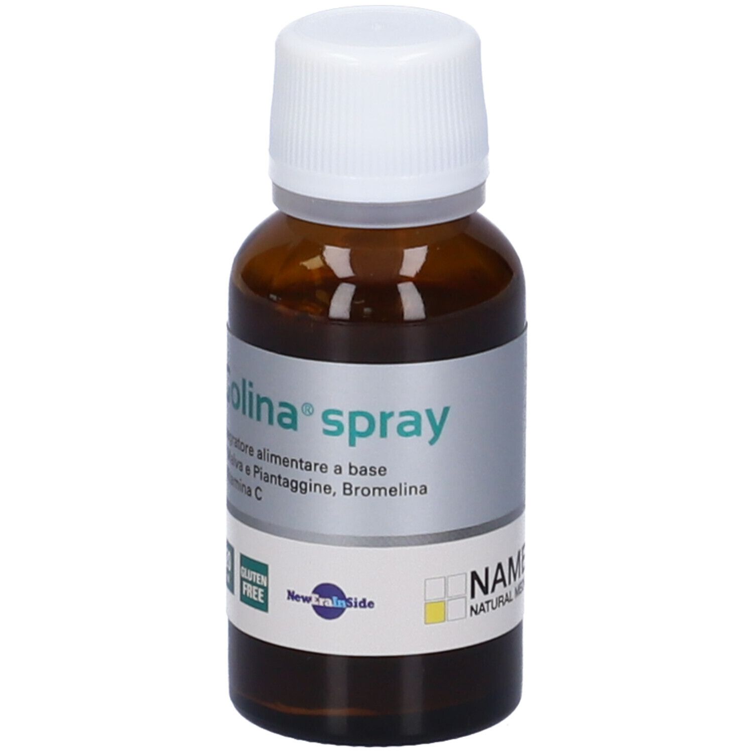 Flacone di vetro marrone con tappo bianco. Etichetta con Golina® Spray. Scritto: 20 ml, senza glutine. Marchio: NAMED.