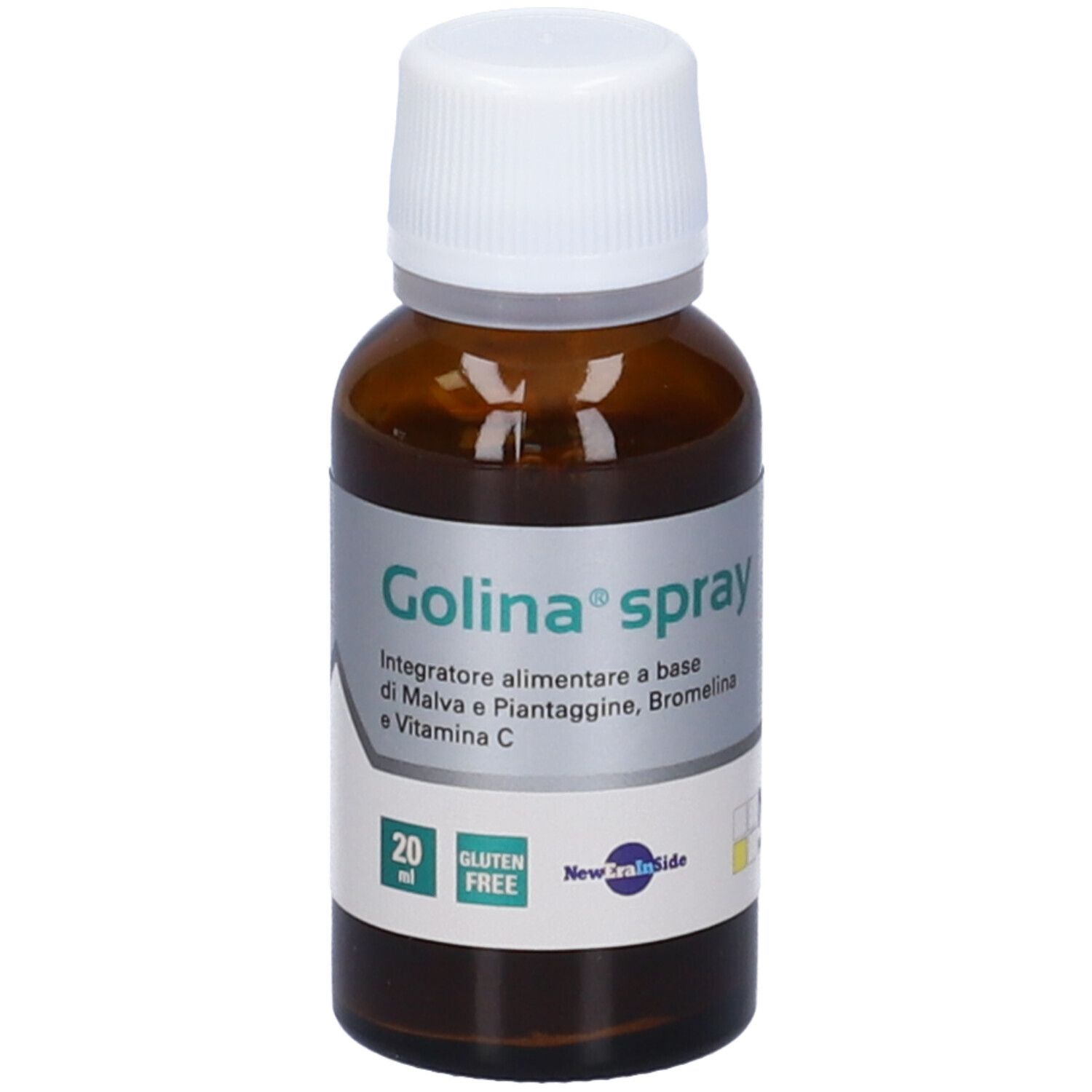 Flacone di vetro marrone con tappo bianco. Etichetta con Golina® Spray. Scritto: 20 ml, senza glutine. Marchio: NAMED.