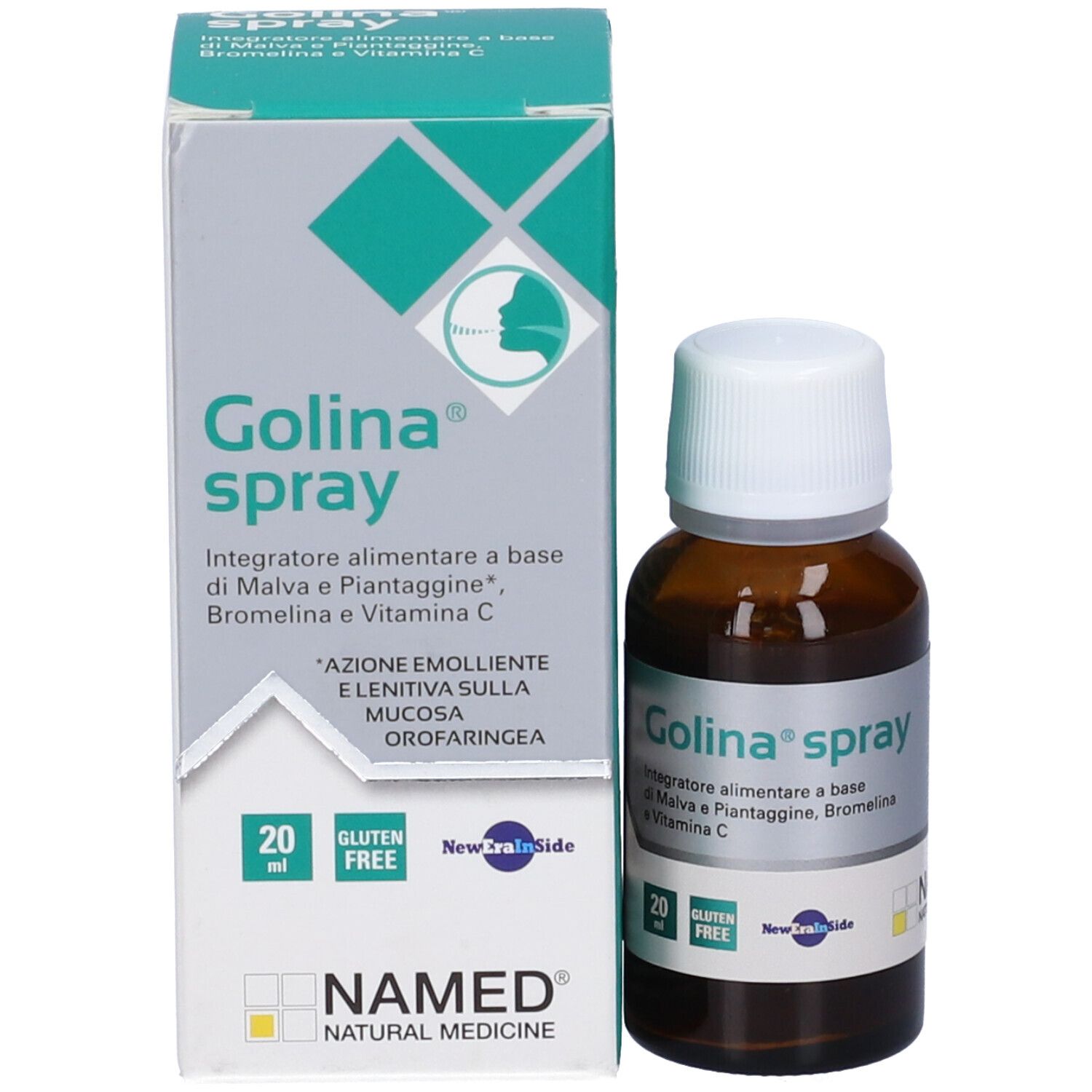 Scatola e flacone Golina® Spray. Scritto: 20 ml, senza glutine. Marchio: NAMED. Flacone marrone, tappo bianco.