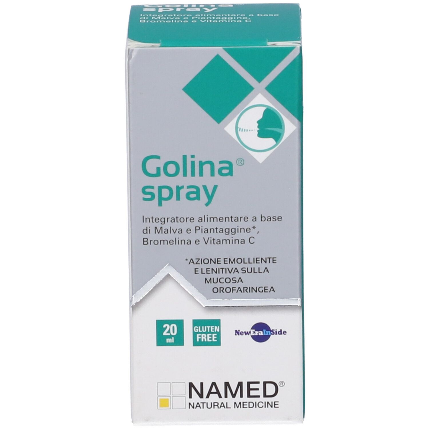 Scatola di Golina® Spray. Scritto: 20 ml, senza glutine. Marchio: NAMED. Confezione verde e bianca.