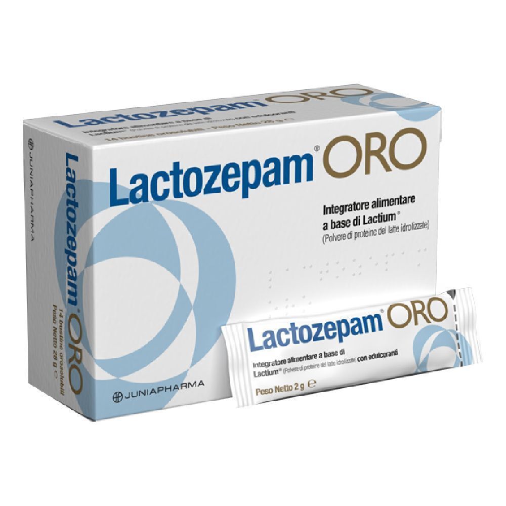 Scatola e bustina Lactozepam ORO. Scritta Lactozepam ORO, onde blu. Bustina con nome prodotto e peso netto.