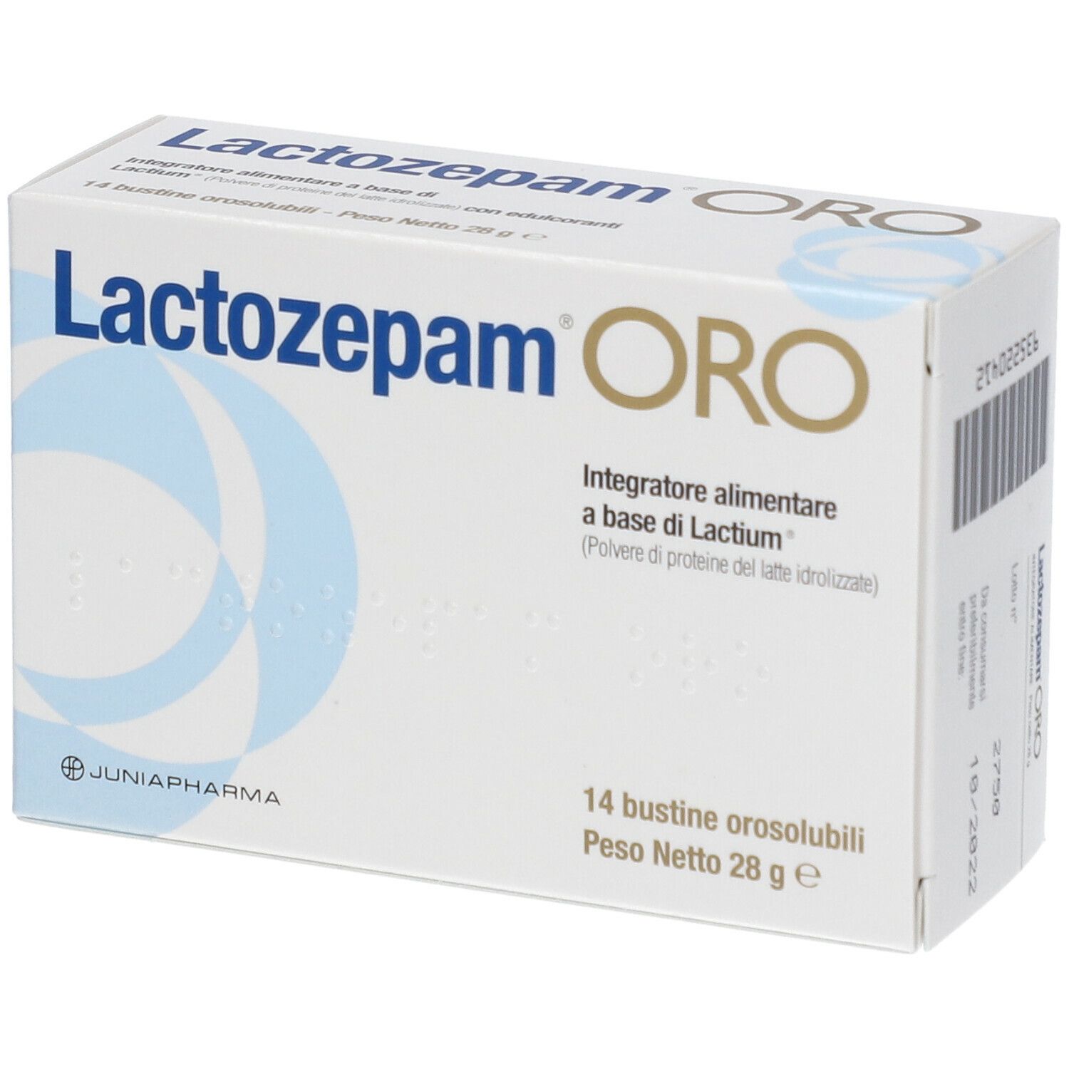 Scatola Lactozepam ORO. Scritta Lactozepam ORO, onde blu. 14 bustine, peso netto 28 g. Junia Pharma.