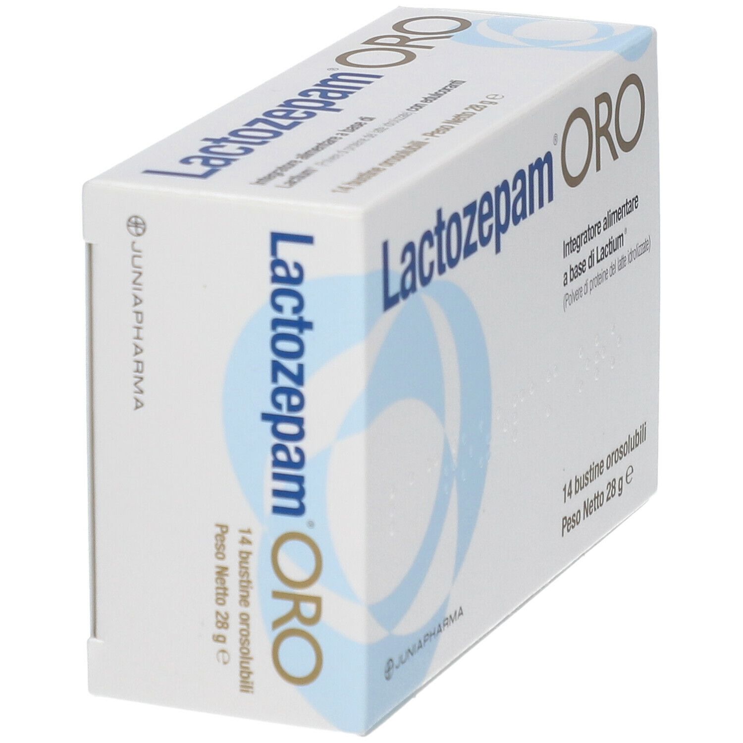 Scatola Lactozepam ORO. Scritta Lactozepam ORO, onde blu. 14 bustine, peso netto 28 g. Junia Pharma.