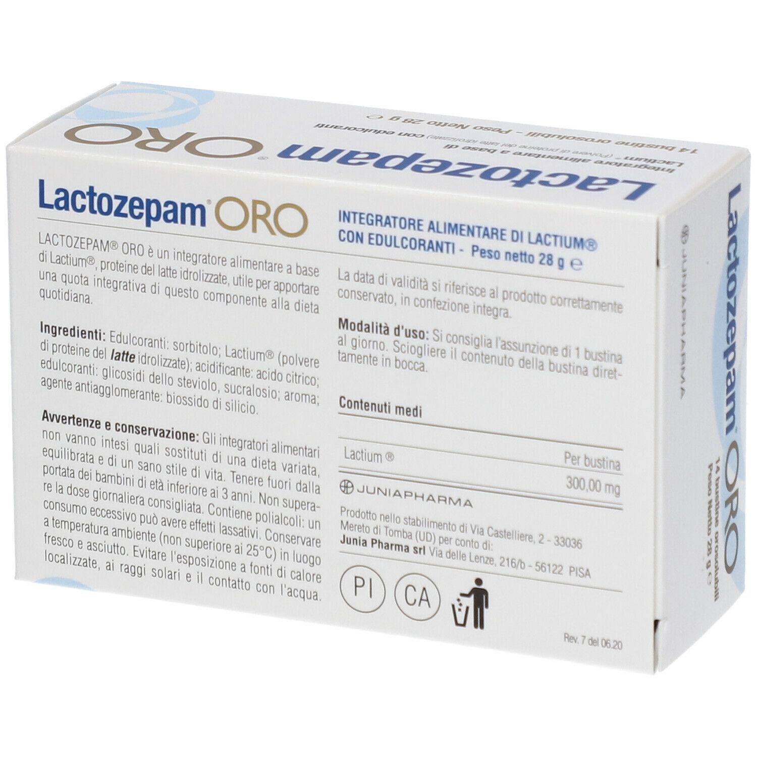 Scatola Lactozepam ORO. Retro con testo e informazioni. Logo Junia Pharma. Peso netto 28 g.