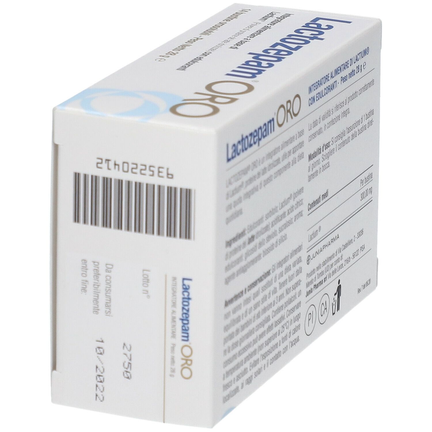 Scatola Lactozepam ORO. Retro con testo, numero di lotto e data di scadenza. Peso netto 28 g.