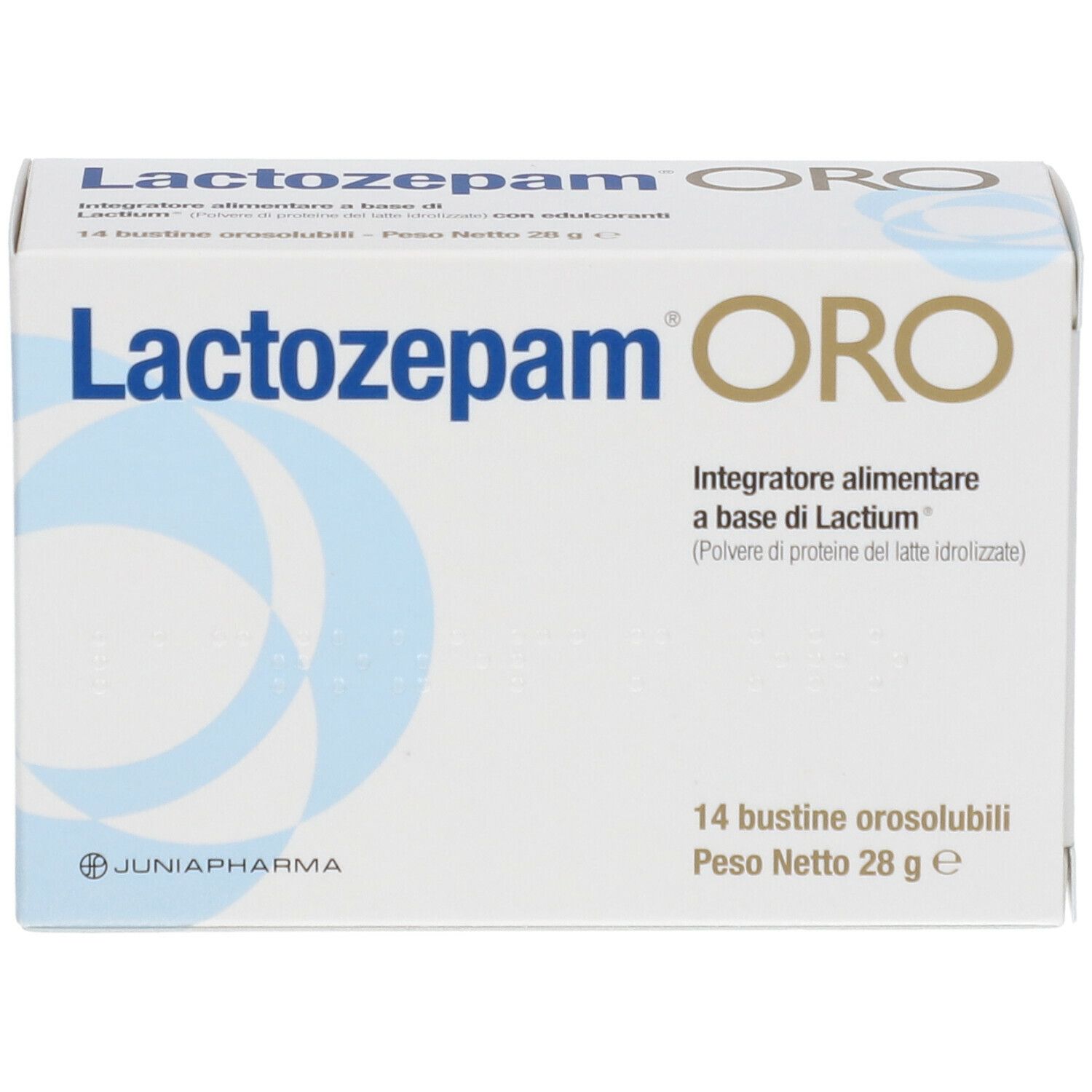Scatola Lactozepam ORO. Scritta Lactozepam ORO, onde blu. 14 bustine, peso netto 28 g. Junia Pharma.