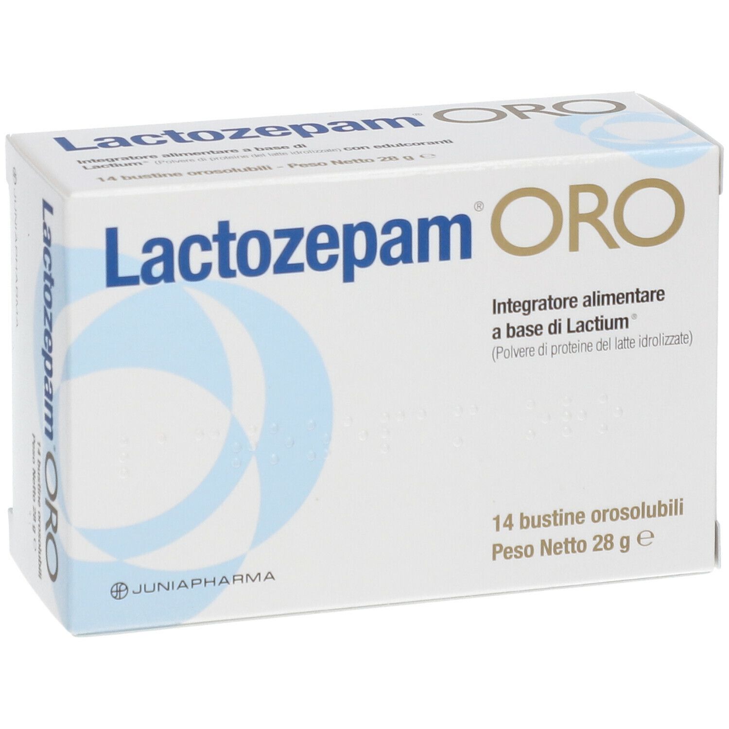 Scatola Lactozepam ORO. Scritta Lactozepam ORO, onde blu. 14 bustine, peso netto 28 g. Junia Pharma.