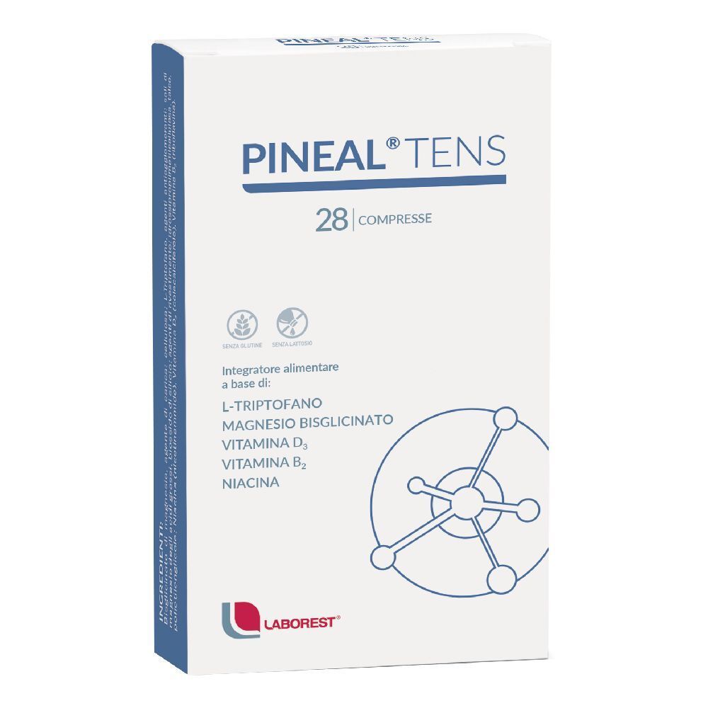 Scatola di Pineal Tens, 28 compresse. Contiene L-Triptofano, magnesio, vitamina D3, B6, niacina. Marchio Laborest.