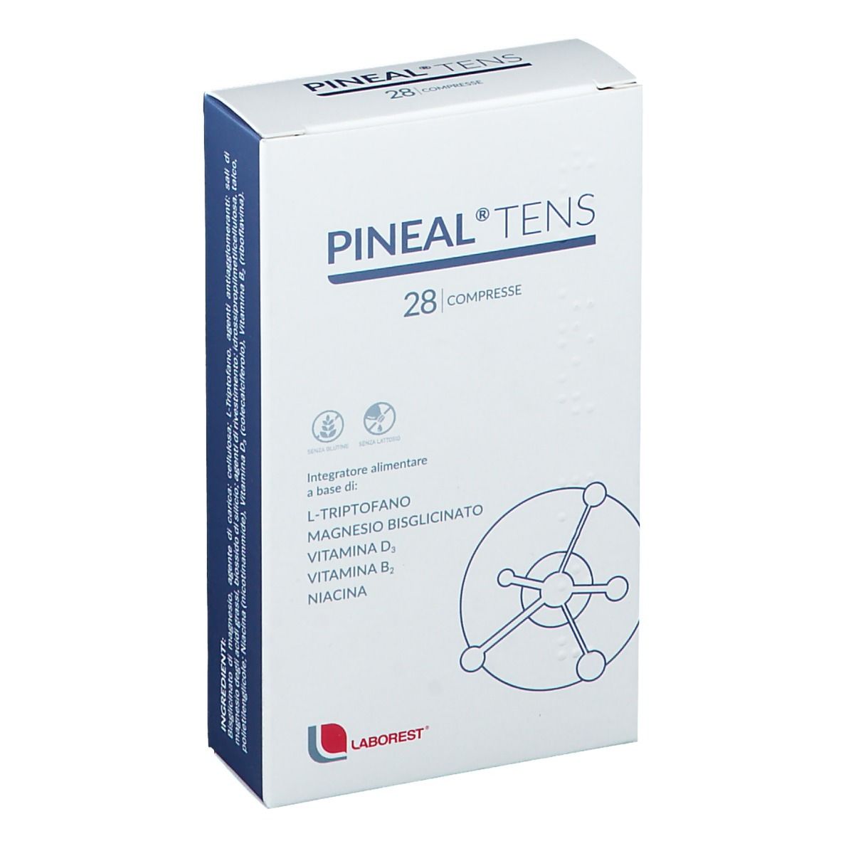 Scatola Pineal Tens, 28 compresse. Contiene L-Triptofano, magnesio, vitamina D3, B6, niacina. Marchio Laborest.