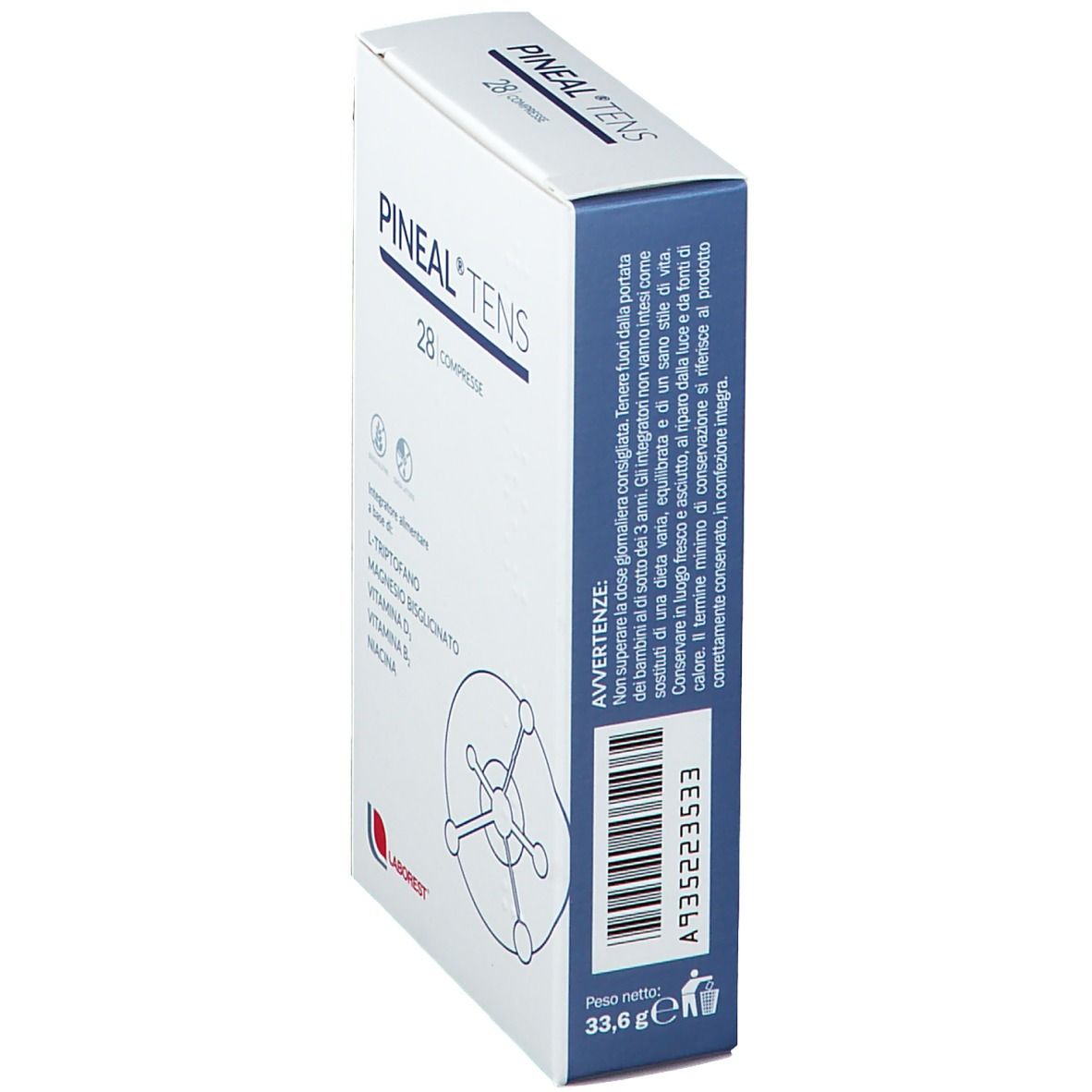 Scatola Pineal Tens, 28 compresse. Contiene L-Triptofano, magnesio, vitamina D3, B6, niacina. Marchio Laborest.