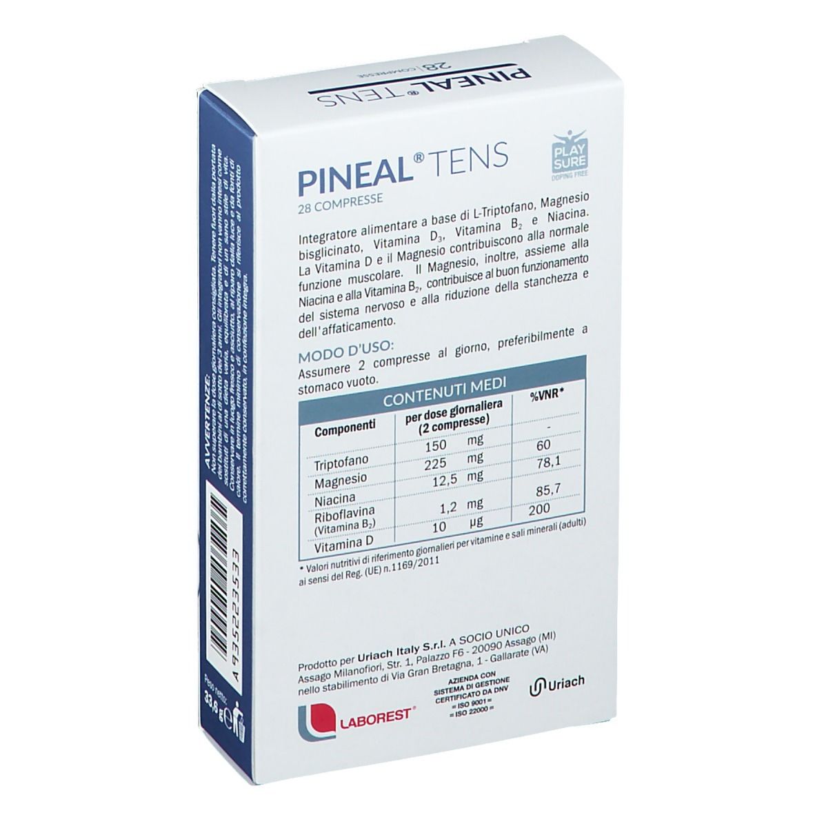 Scatola Pineal Tens, 28 compresse. Contiene L-Triptofano, magnesio, vitamina D3, B6, niacina. Marchio Laborest. Retro con informazioni.