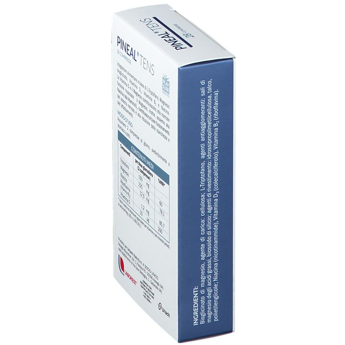 Scatola Pineal Tens, 28 compresse. Contiene L-Triptofano, magnesio, vitamina D3, B6, niacina. Marchio Laborest. Vista laterale.