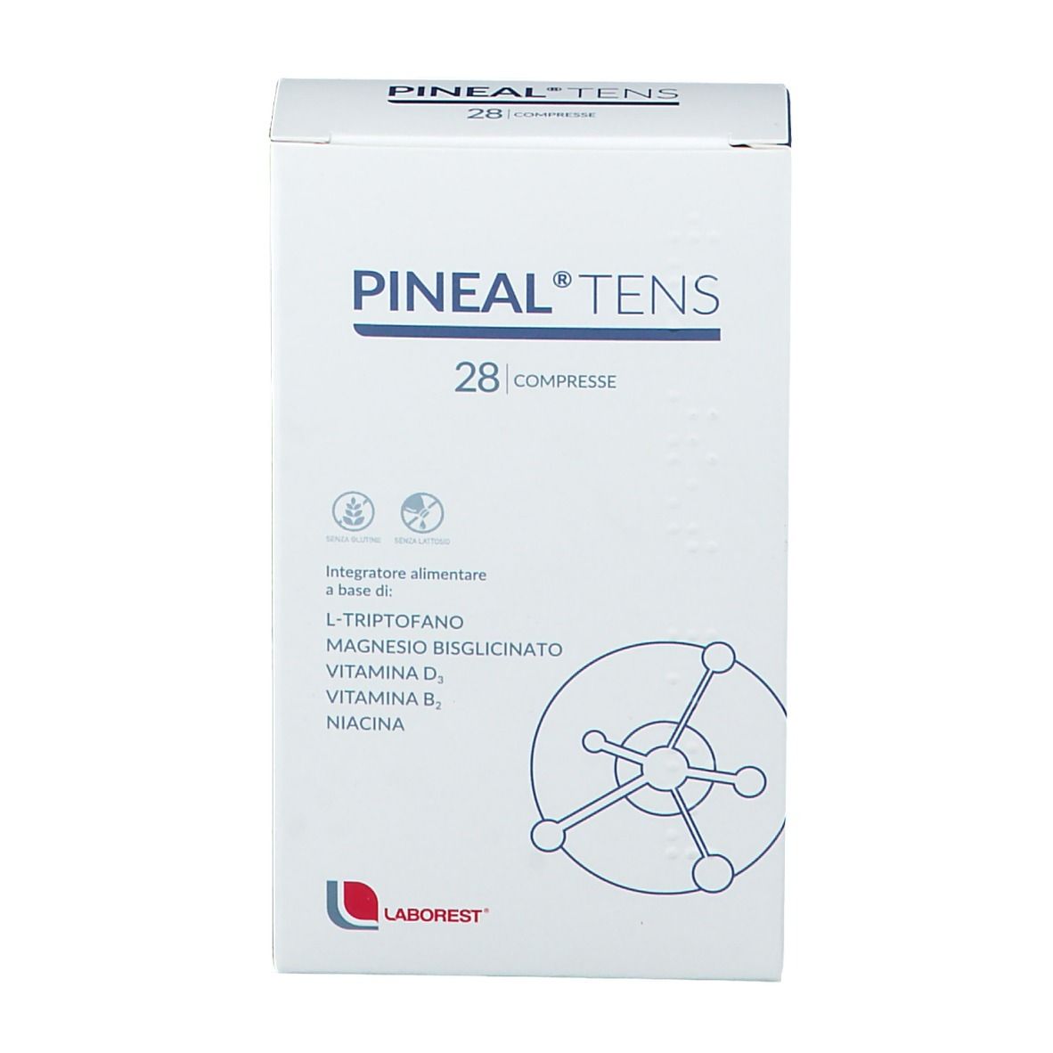 Scatola Pineal Tens, 28 compresse. Contiene L-Triptofano, magnesio, vitamina D3, B6, niacina. Marchio Laborest.