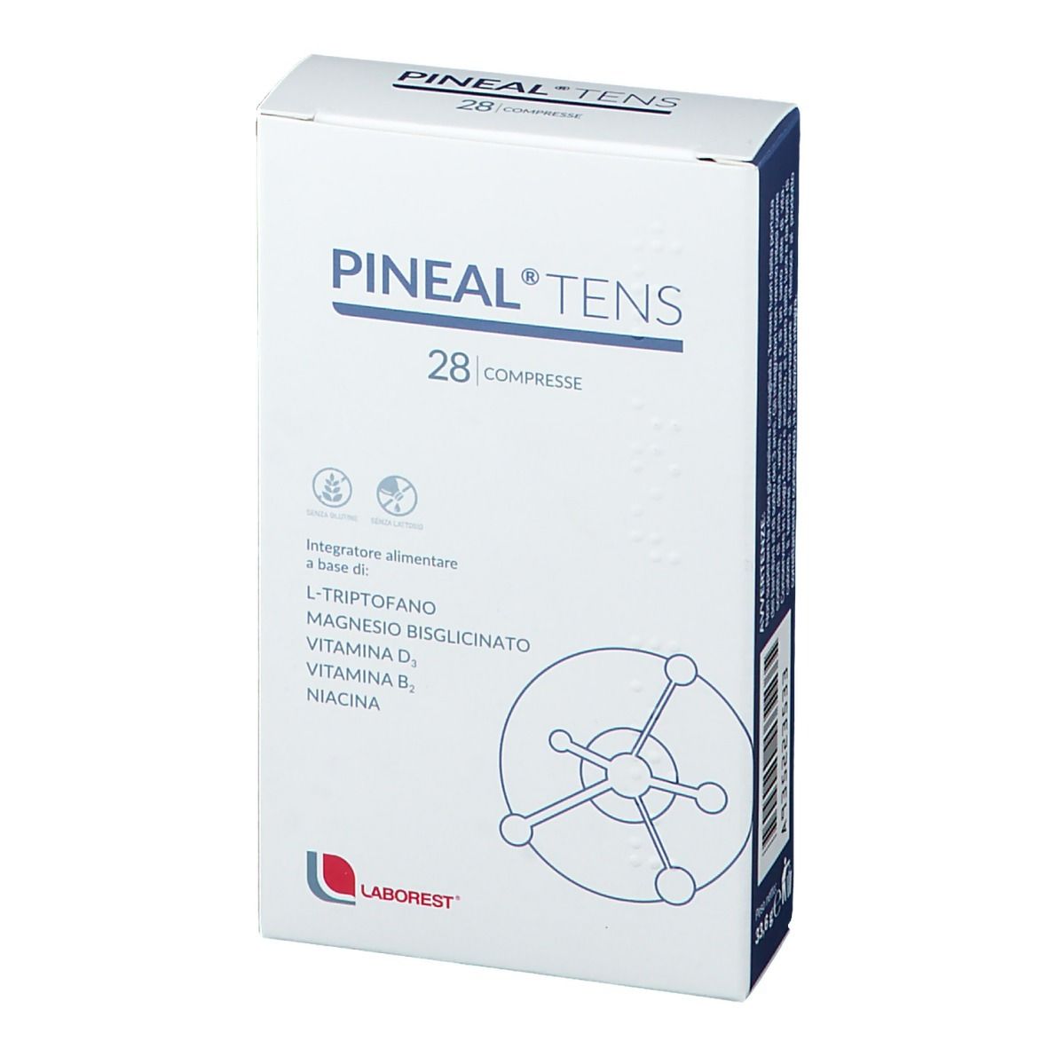Scatola Pineal Tens, 28 compresse. Contiene L-Triptofano, magnesio, vitamina D3, B6, niacina. Marchio Laborest.