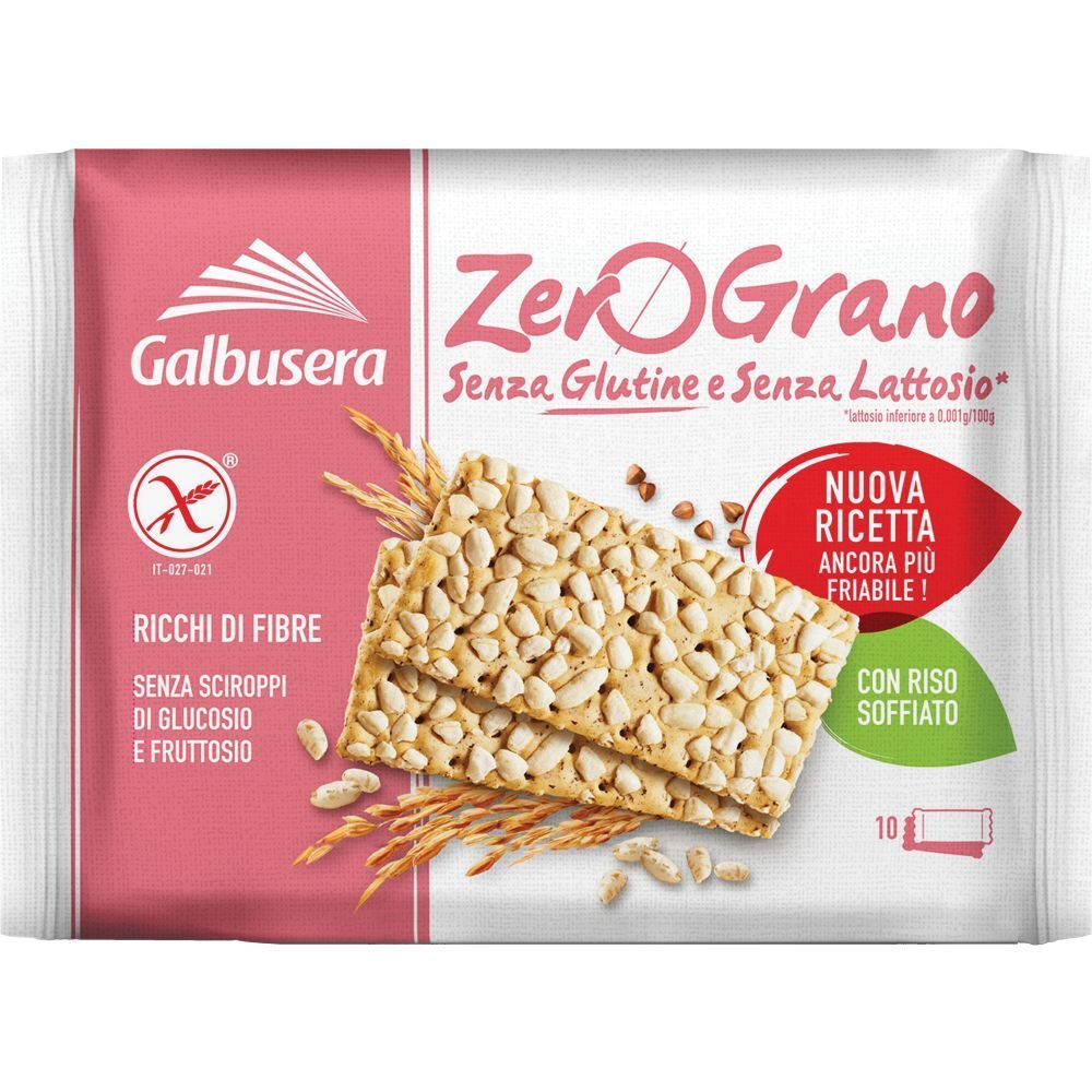 Confezione di cracker ZeroGrano senza glutine e lattosio. Scritta: Nuova Ricetta. Simbolo senza glutine. Con riso soffiato.