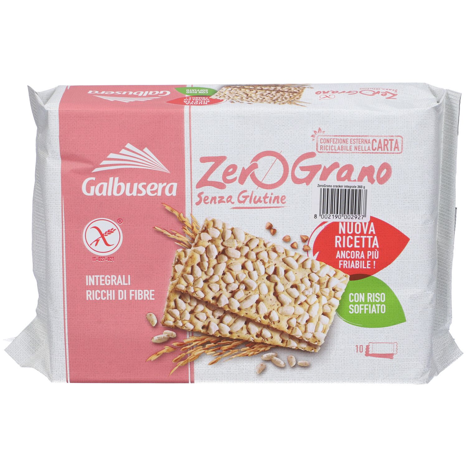 Confezione di cracker ZeroGrano senza glutine. Scritta: Nuova Ricetta. Simbolo senza glutine. 10 porzioni.