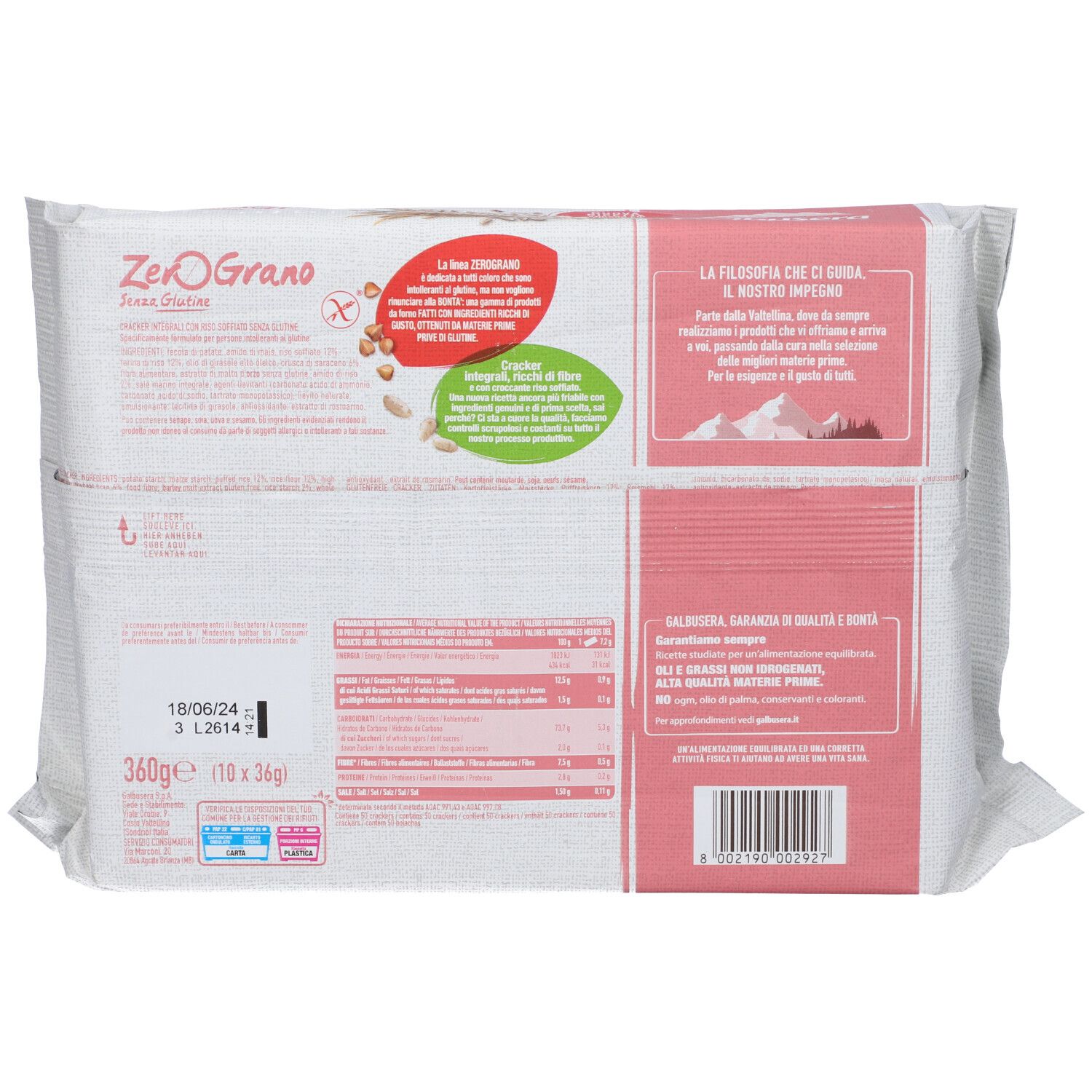 Retro della confezione di cracker ZeroGrano. Informazioni nutrizionali, scadenza, 10 porzioni, 360g.