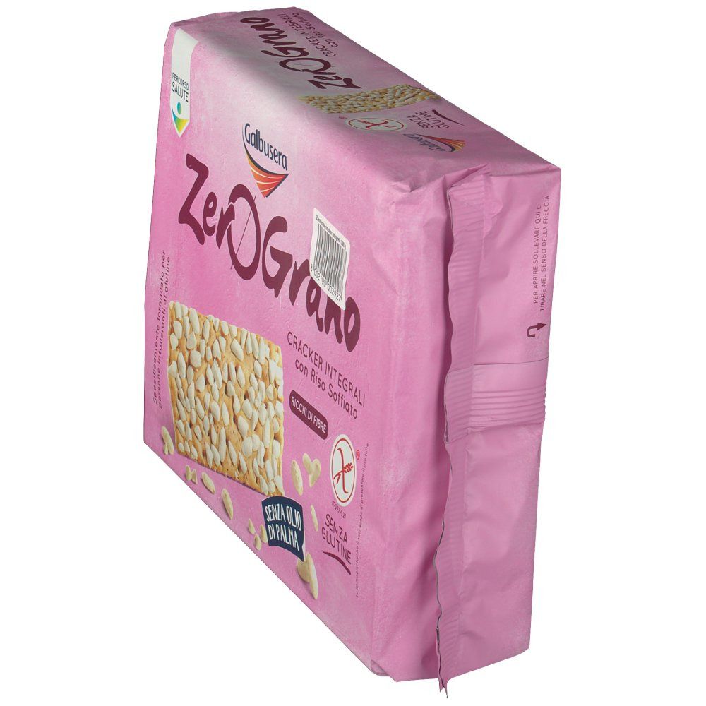 Confezione di cracker ZeroGrano. Confezione rosa. Scritta: Cracker Integrale, senza glutine. Simbolo senza glutine.