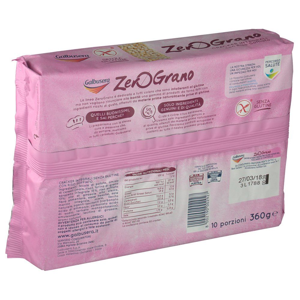Retro della confezione di cracker ZeroGrano. Confezione rosa. Informazioni nutrizionali, scadenza, 10 porzioni, 360g.