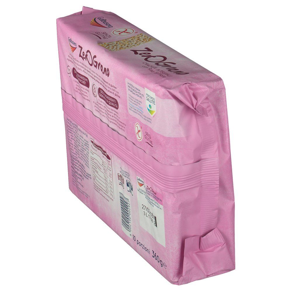 Confezione di cracker ZeroGrano. Confezione rosa. Scritta: ZeroGrano. Informazioni nutrizionali, scadenza, 10 porzioni, 360g.