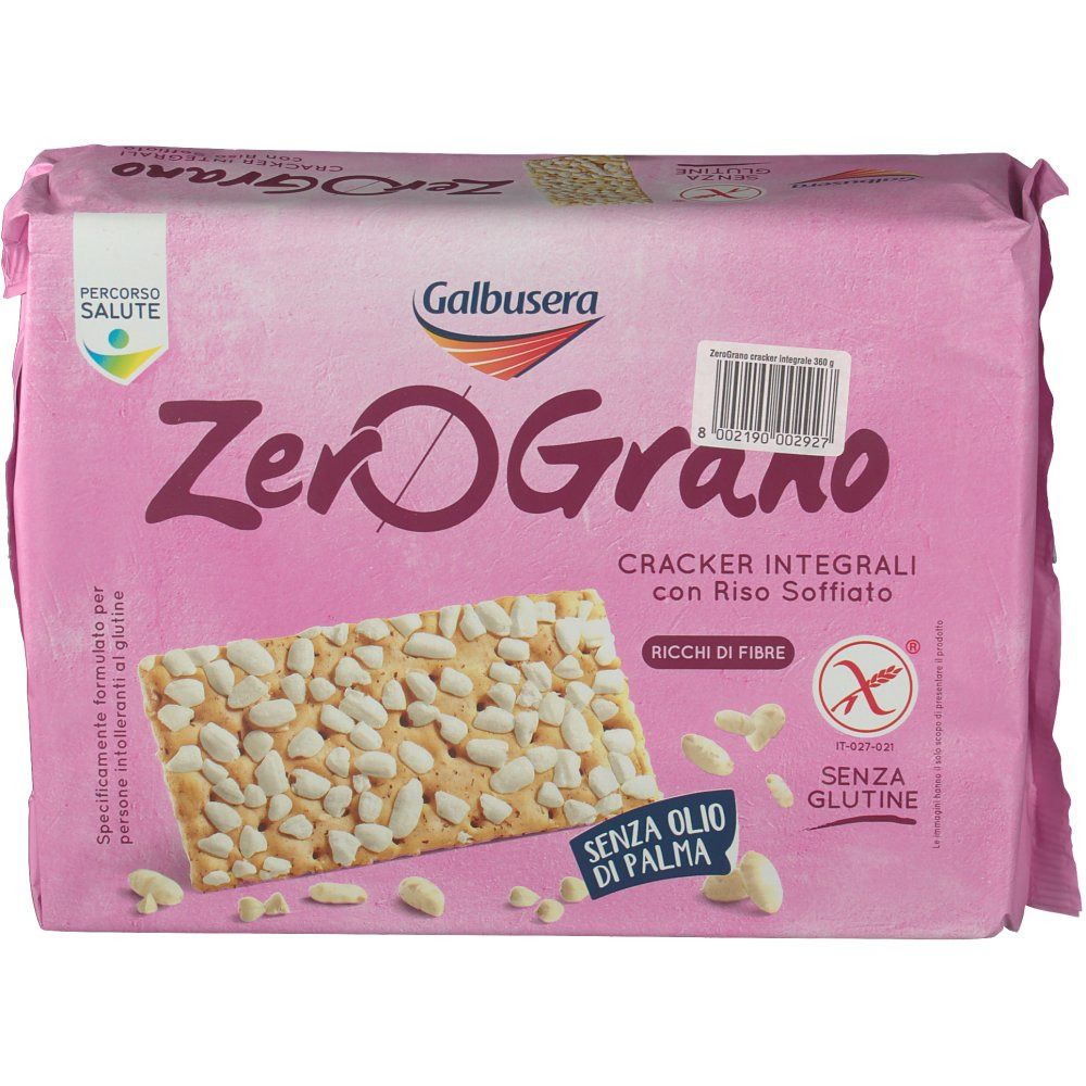 Confezione di cracker ZeroGrano. Confezione rosa. Scritta: ZeroGrano, Cracker Integrale, senza olio di palma, senza glutine. Simbolo senza glutine.