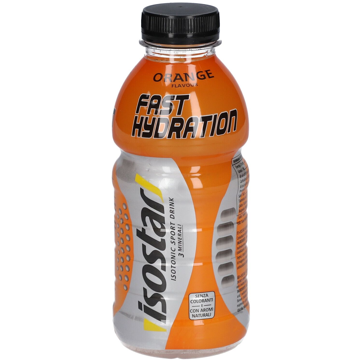 Bottiglia arancione Isostad Arancia. Tappo nero. Scritte 'Orange', 'Fast Hydration'. Bevanda isotonica.