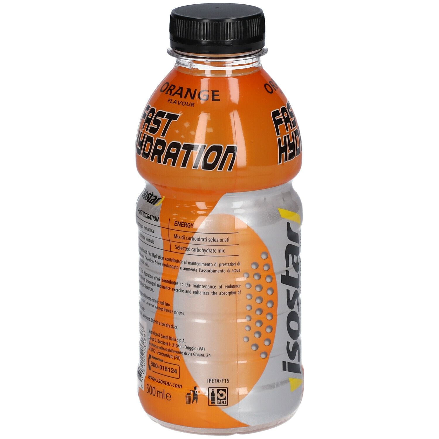 Retro bottiglia Isostad Arancia. Informazioni nutrizionali e ingredienti. Tappo nero.