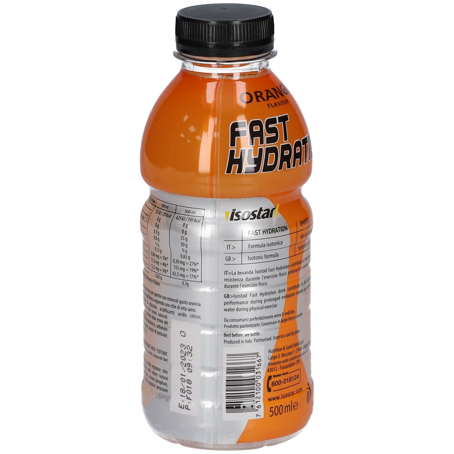 Retro bottiglia Isostad Arancia. Informazioni nutrizionali e ingredienti. Tappo nero.