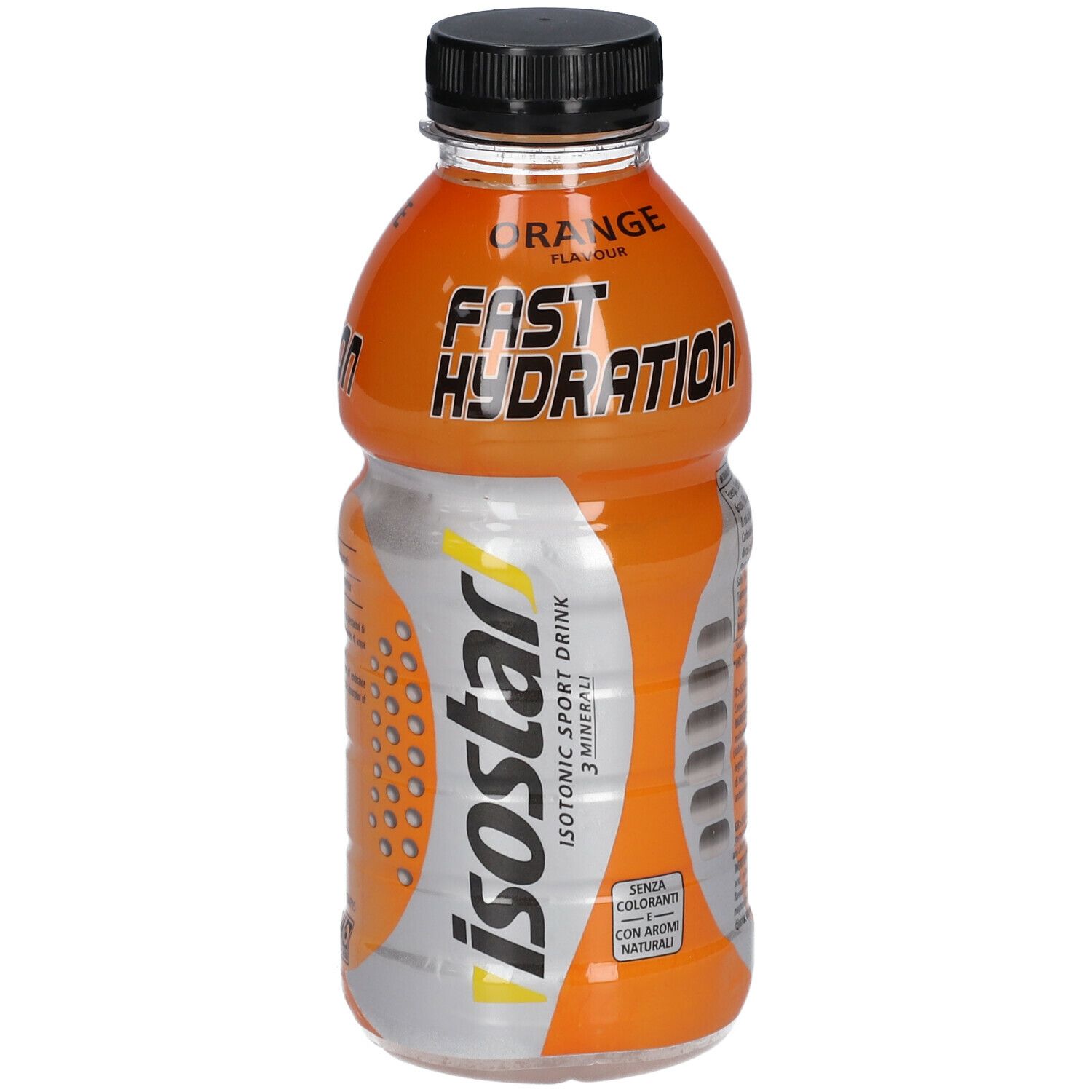 Bottiglia arancione Isostad Arancia. Tappo nero. Scritte 'Orange', 'Fast Hydration'. Bevanda isotonica.